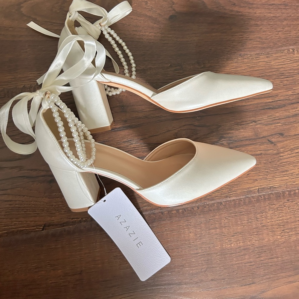 Azazie PEARL BOW ANKLE STRAP PUMPS - Picture 5 of 11
